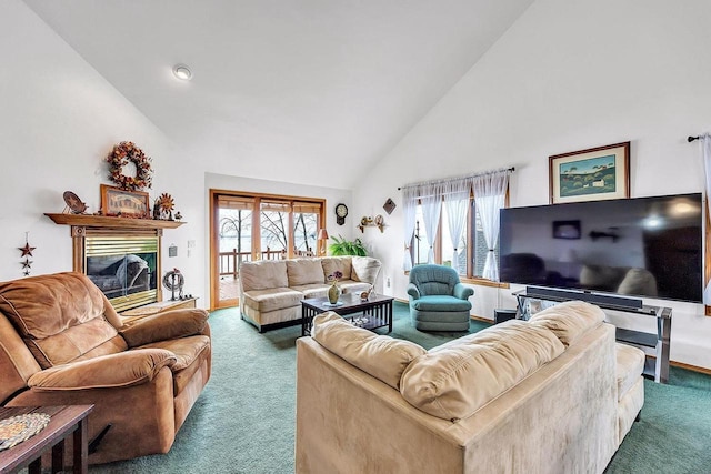 3280 County Rd S, Little Suamico, WI 54141 - carpeted living area featuring a glass covered fireplace, a healthy amount of sunlight, and high vaulted ceiling