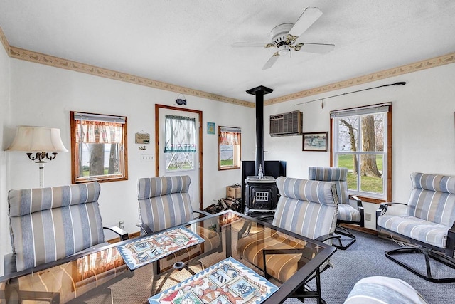 3280 County Rd S, Little Suamico, WI 54141 - carpeted office with a wood stove, a wall unit AC, and ceiling fan