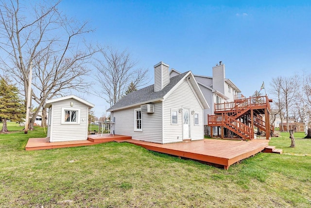 3280 County Rd S, Little Suamico, WI 54141 - rear view of property featuring a deck, stairway, a wall unit AC, a chimney, and a lawn