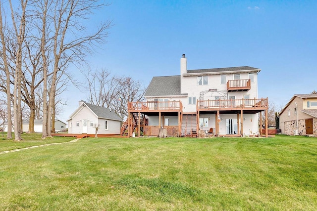 3280 County Rd S, Little Suamico, WI 54141 - back of house with a chimney, a deck, stairway, and a lawn