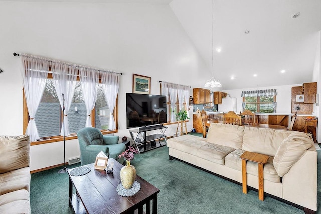 3280 County Rd S, Little Suamico, WI 54141 - living room featuring carpet flooring, high vaulted ceiling, and recessed lighting