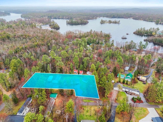 drone / aerial view featuring a water view and a view of trees