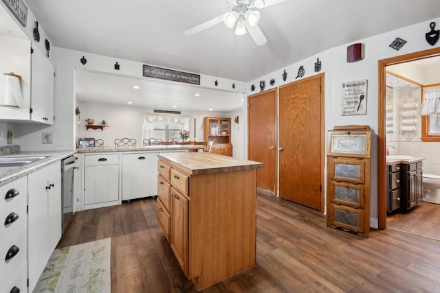 kitchen featuring a ceiling fan, wooden counters, stainless steel dishwasher, and dark wood-type flooring