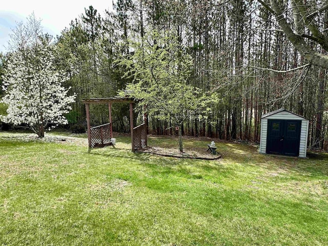 view of yard with a storage shed and an outdoor structure