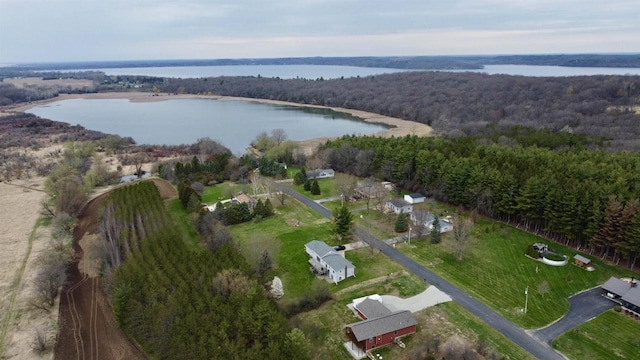 drone / aerial view featuring a water view and a forest view
