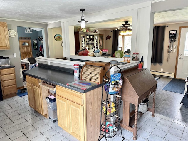 kitchen with ornamental molding, light brown cabinets, and a baseboard heating unit