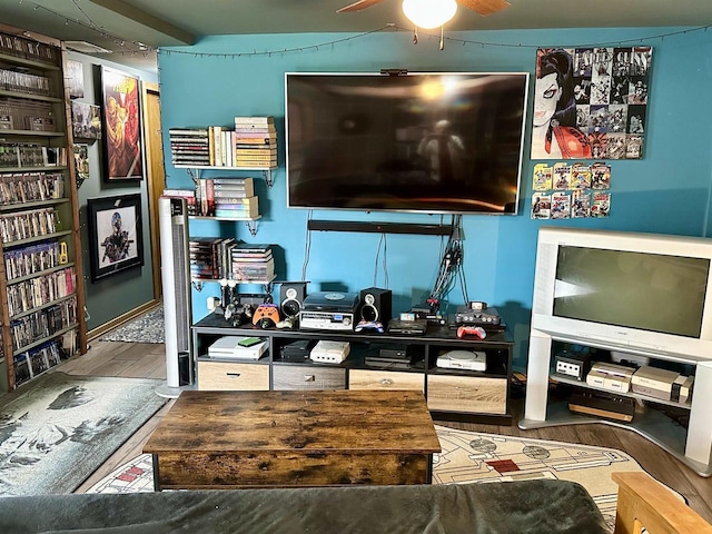 living room featuring a ceiling fan and wood finished floors