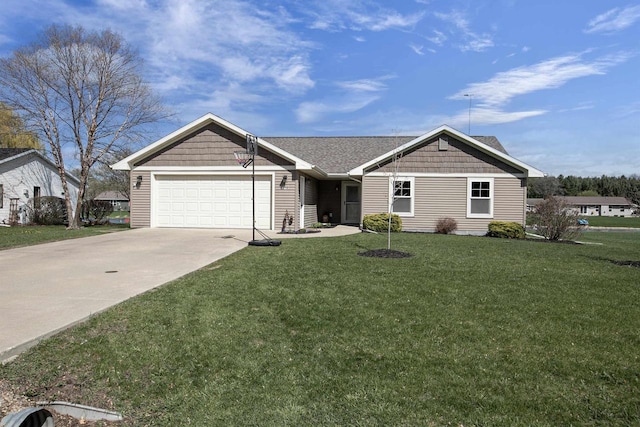 ranch-style house featuring concrete driveway, roof with shingles, an attached garage, and a front lawn