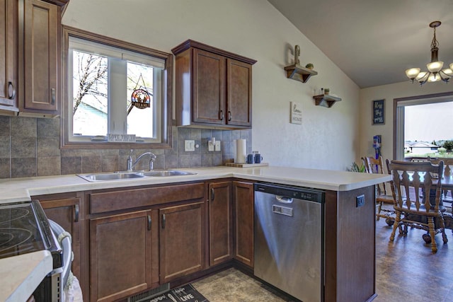 kitchen featuring a sink, a notable chandelier, electric range, dishwasher, and lofted ceiling