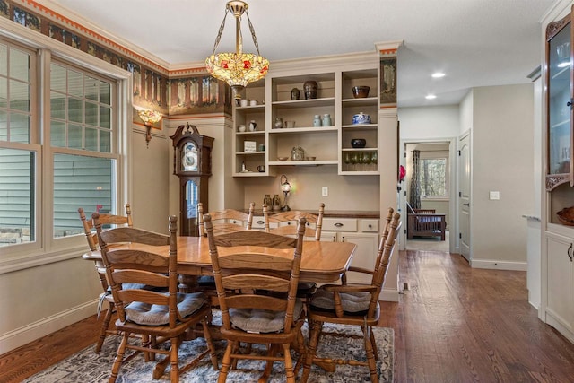 dining room featuring baseboards, dark wood-style floors, and recessed lighting
