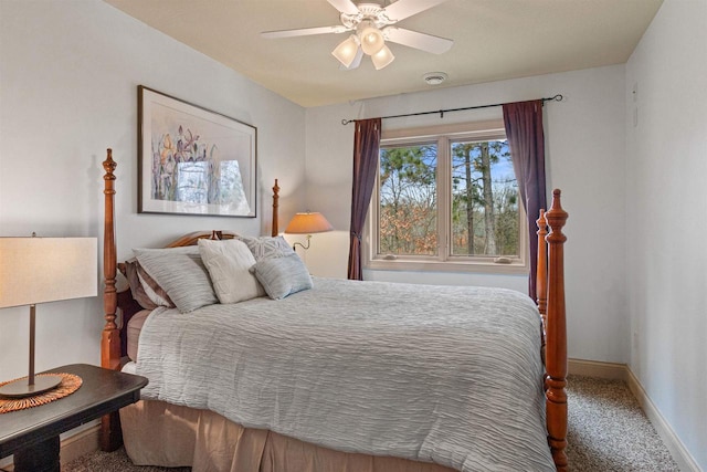 bedroom featuring carpet flooring, baseboards, and a ceiling fan