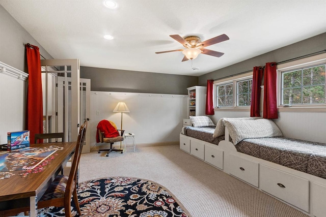 bedroom with a ceiling fan, recessed lighting, and carpet