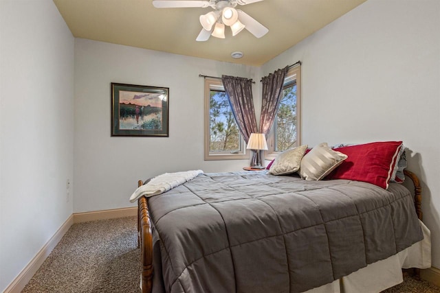 bedroom with baseboards, carpet flooring, and ceiling fan
