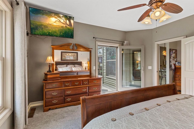 bedroom featuring carpet flooring, ceiling fan, and access to exterior