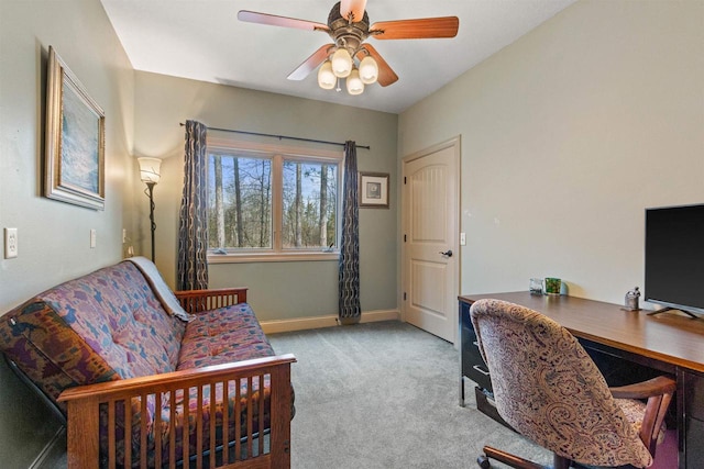 office area with ceiling fan, carpet, and baseboards
