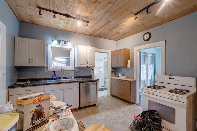 kitchen featuring wood ceiling, a sink, white gas range, rail lighting, and dishwasher