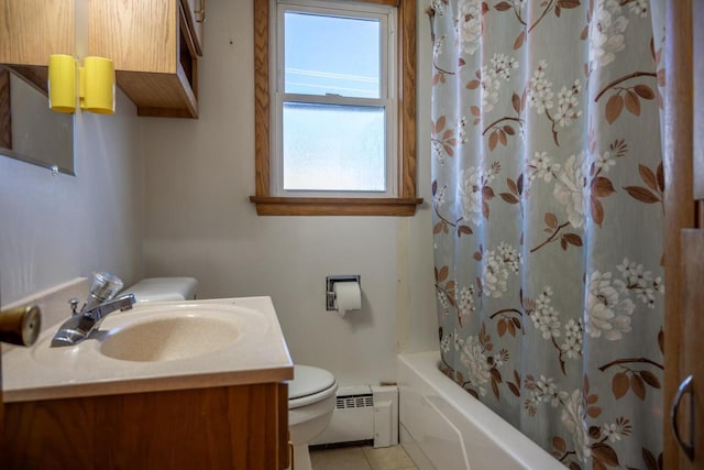 full bathroom featuring toilet, shower / tub combo, tile patterned flooring, baseboard heating, and vanity