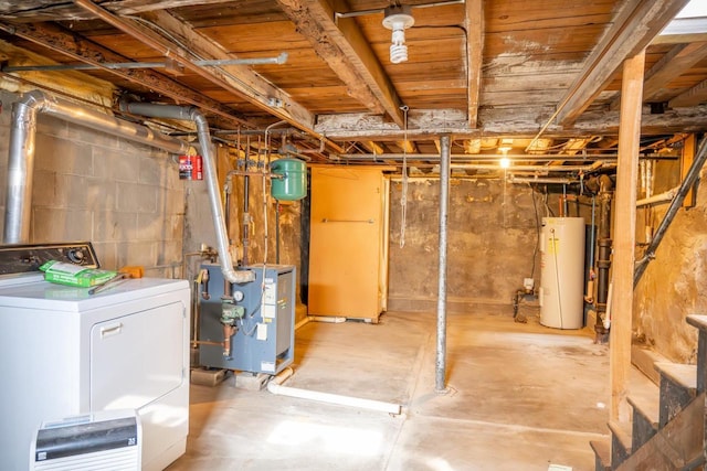 unfinished basement featuring stairs, washer / dryer, a heating unit, and gas water heater