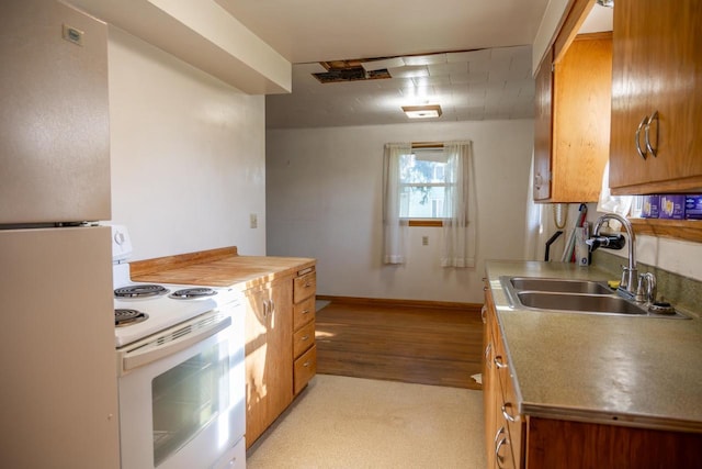 kitchen featuring light wood finished floors, brown cabinets, a sink, baseboards, and white appliances