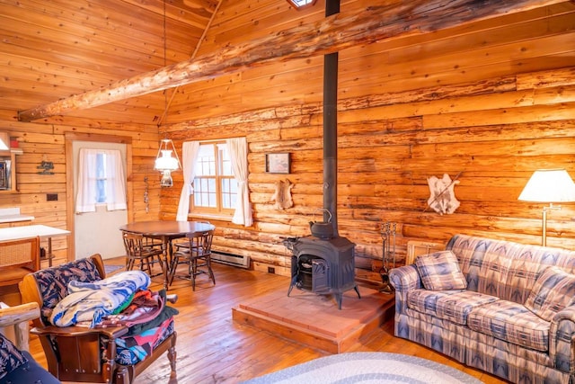 living area with a wood stove, beam ceiling, log walls, and wood-type flooring