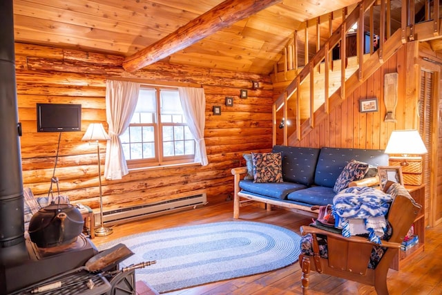 living room featuring lofted ceiling with beams, hardwood / wood-style floors, and baseboard heating