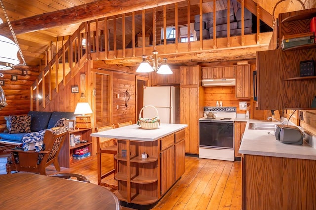 kitchen featuring freestanding refrigerator, open shelves, wood walls, electric stove, and under cabinet range hood
