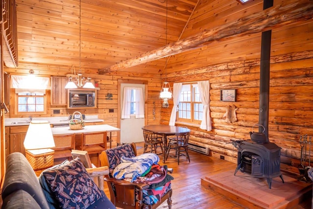 living area with a wealth of natural light, hardwood / wood-style floors, log walls, and a wood stove