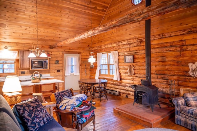 living area featuring wooden ceiling, rustic walls, wood-type flooring, vaulted ceiling, and a wood stove