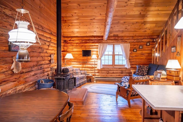 living area featuring baseboard heating, log walls, hardwood / wood-style floors, beam ceiling, and a wood stove