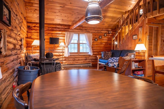 interior space featuring wooden ceiling, log walls, a wood stove, and a baseboard heating unit