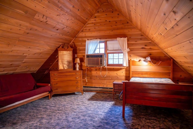 carpeted bedroom featuring cooling unit, wood ceiling, vaulted ceiling, and baseboard heating