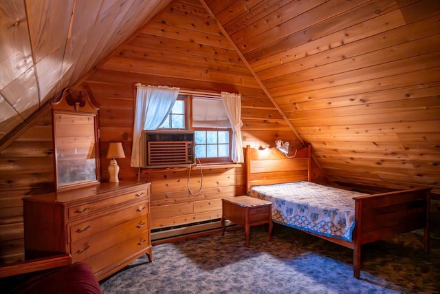 carpeted bedroom featuring wooden ceiling, vaulted ceiling, wood walls, and a baseboard heating unit