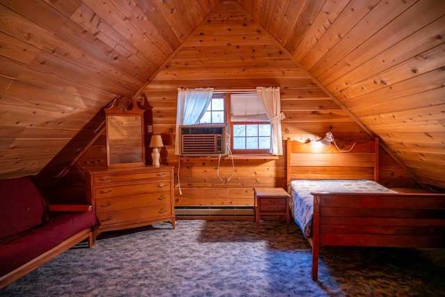 bedroom featuring wooden ceiling, vaulted ceiling, a baseboard radiator, and wooden walls