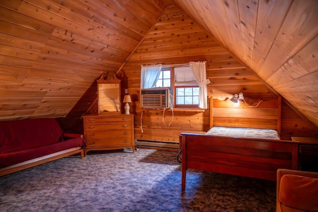 bedroom with vaulted ceiling, cooling unit, wooden ceiling, and a baseboard heating unit