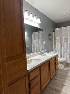 bathroom featuring a sink, double vanity, toilet, and wood finished floors