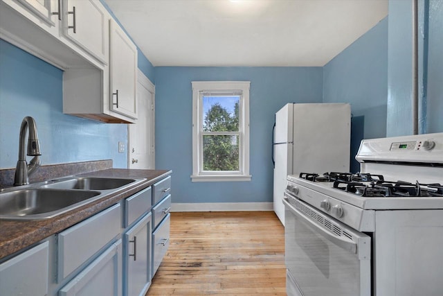 3303 W Juneau Ave Unit 3311, Milwaukee, WI 53208 - kitchen with baseboards, light wood finished floors, a sink, white gas range oven, and dark countertops