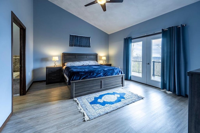 bedroom featuring french doors, wood finished floors, vaulted ceiling, ceiling fan, and access to outside