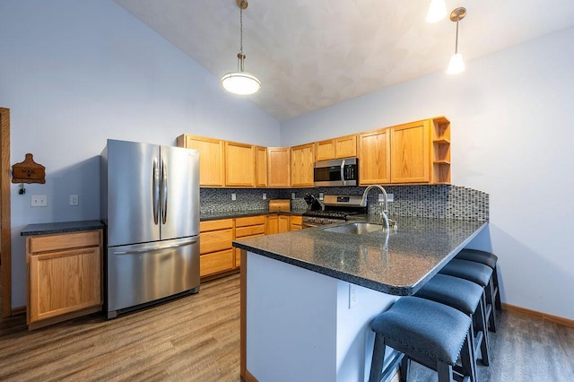kitchen featuring a peninsula, wood finished floors, backsplash, and appliances with stainless steel finishes