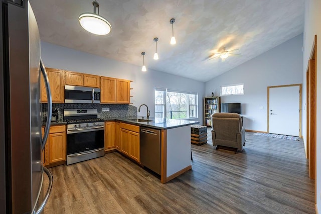 kitchen featuring a sink, a peninsula, vaulted ceiling, open floor plan, and appliances with stainless steel finishes