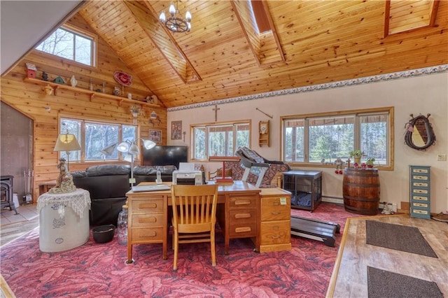 home office featuring baseboard heating, wood ceiling, wooden walls, high vaulted ceiling, and a skylight