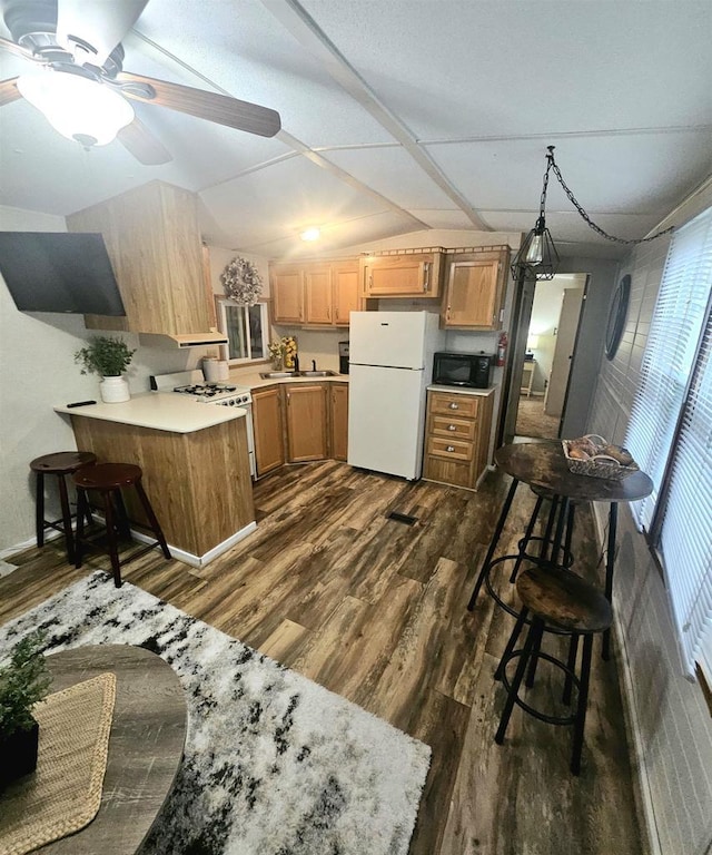 kitchen with white appliances, light countertops, ceiling fan, and dark wood-type flooring