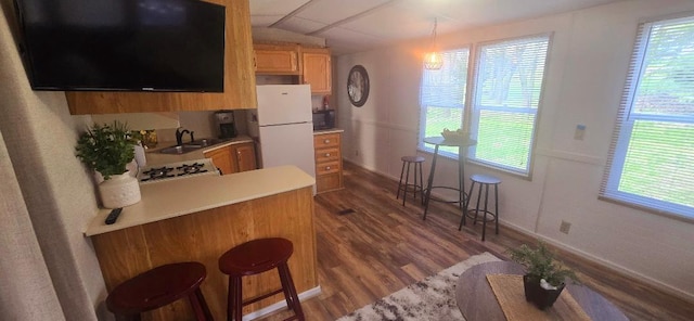 kitchen with baseboards, white appliances, a sink, dark wood-type flooring, and light countertops