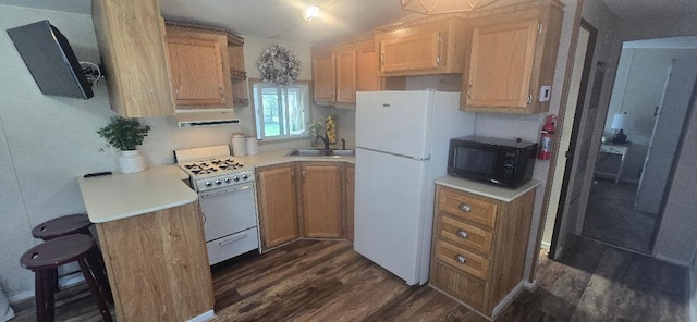 kitchen featuring a sink, range hood, dark wood finished floors, white appliances, and light countertops