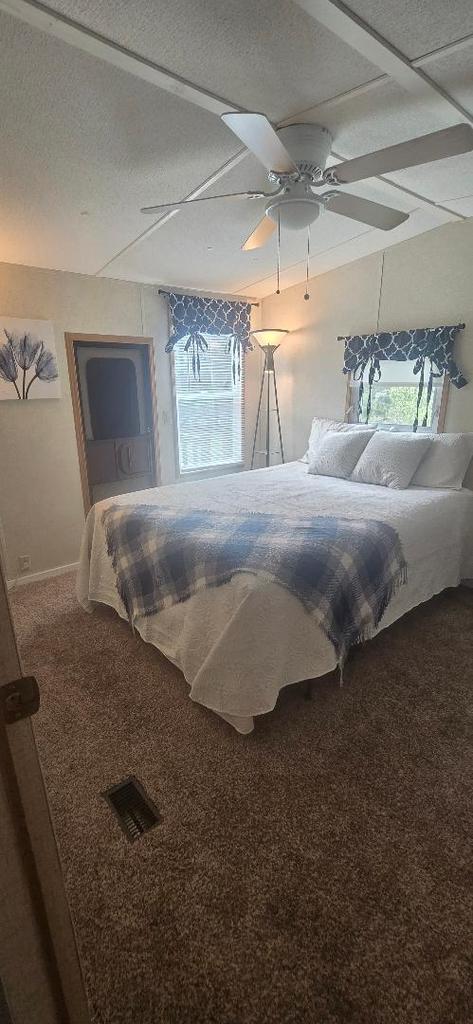 carpeted bedroom featuring multiple windows, visible vents, and ceiling fan