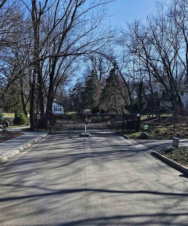 view of road with a gate, curbs, and a gated entry