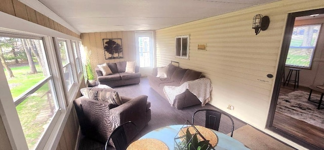 living area with lofted ceiling, wooden walls, and wood finished floors