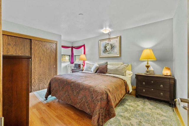 bedroom featuring light wood finished floors and a closet