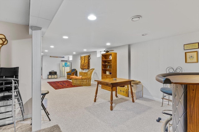 carpeted living room with recessed lighting