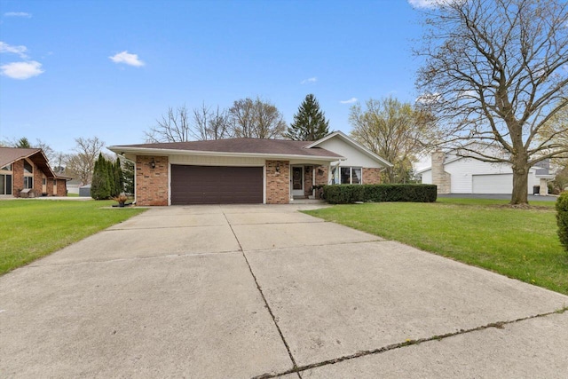 ranch-style home with concrete driveway, a front yard, brick siding, and an attached garage