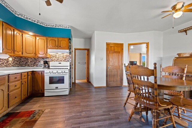 W444 Carlson Ln, Oconto Falls, WI 54154 - kitchen featuring gas range gas stove, a ceiling fan, under cabinet range hood, and dark wood-style floors